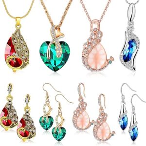 MTLEE 4 Set Peacock Jewelry Sets for Women Crystal Necklace Earrings Rhinestone Waterdrop Pendant Heart Charm Hook Earrings Indian Jewelry Set for Mother's Gift Valentine's Gifts Lover Ladies